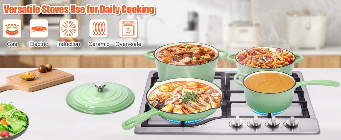 Nonstick Enameled Cast Iron Cookware Set,7 Pcs Pots and Pans with Lid, Frying Pan Skillet, Sauce Pan, Healthy Round Dutch Oven P