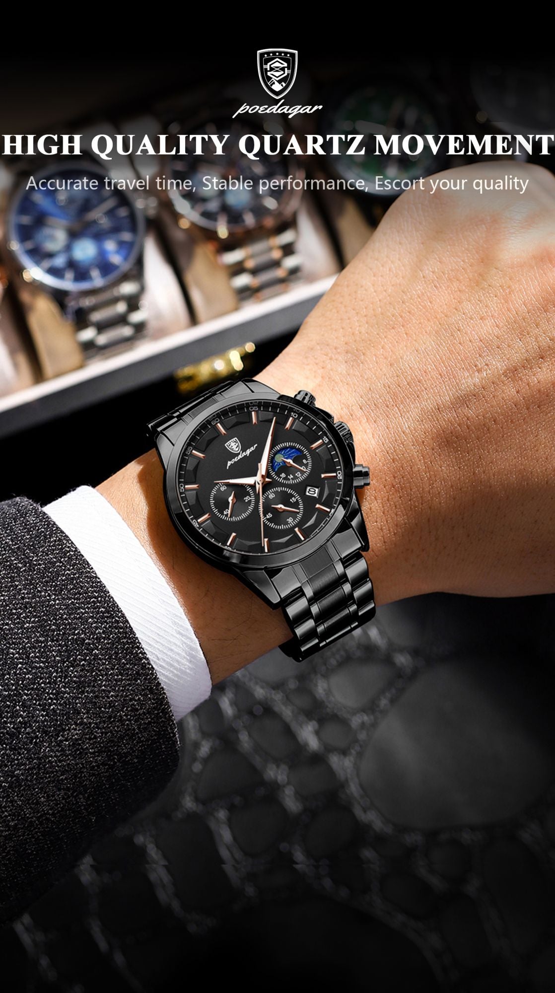 POEDAGAR Top Fashion Men's Watches Waterproof Luminous Stainless Steel Men Wristwatch Chronograph Date Quartz Business Man Watch