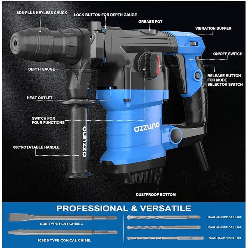 Furadeira de Impacto AZZUNO 1500W Martelete Perfurador Profissional Potente Furadeira Elétrica com Martelo Modos de Ajuste Multifuncionais