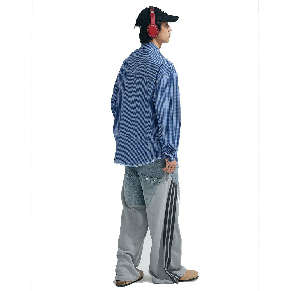 Cityboy Oversize Cargo Shirt Men Japanese Streetwear Fashion Loose Casual Plaid Splice Stripe Long Sleeve Shirts Blouses