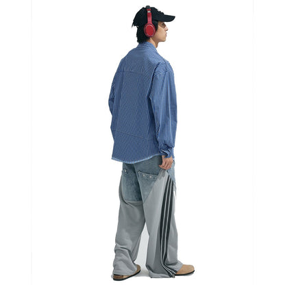 Cityboy Oversize Cargo Shirt Men Japanese Streetwear Fashion Loose Casual Plaid Splice Stripe Long Sleeve Shirts Blouses