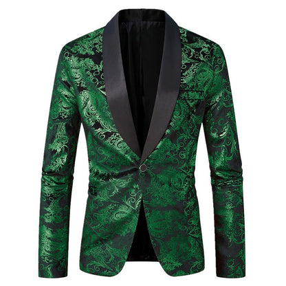 Men's Purple Print Suit Jacket Burgundy Long Sleeve Black Collar Single Button Coat for Wedding Party Stage Performance