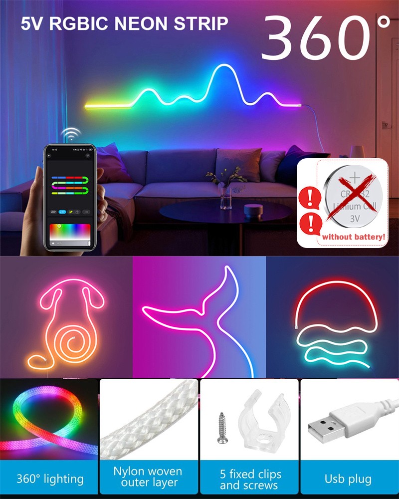 360 Degree Round Reticulate Neon LED Strip with Remote Control,RGBIC Nylon Flexible Dream Colorful Rope Light For Bedroom Living