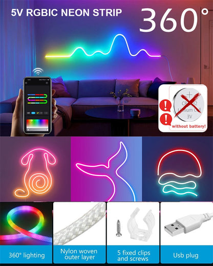 360 Degree Round Reticulate Neon LED Strip with Remote Control,RGBIC Nylon Flexible Dream Colorful Rope Light For Bedroom Living