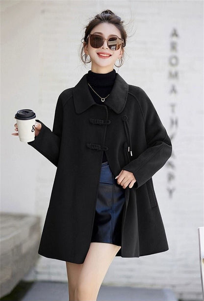 High Quality Woolen Coat Women 2025 Autumn Winter New Cloak Long Wool Jacket Chinese Retro Buckle Ladies Overwear Korean Outcoat