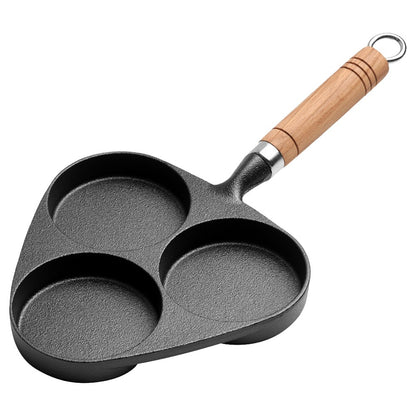 Frigideira de Ferro Fundido para Ovo Frito com Cabo de Madeira 3 Furos, Panela Antiaderente para Panquecas e Ovos, Grelhador de Pequeno-Almoço