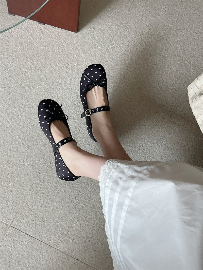 Designer Polka Dot Ballet Flats for Women Sweet Bow Decoration Elegant Mary Jane Shoes Fashion Buckle Shallow Comfort Dress Shoe