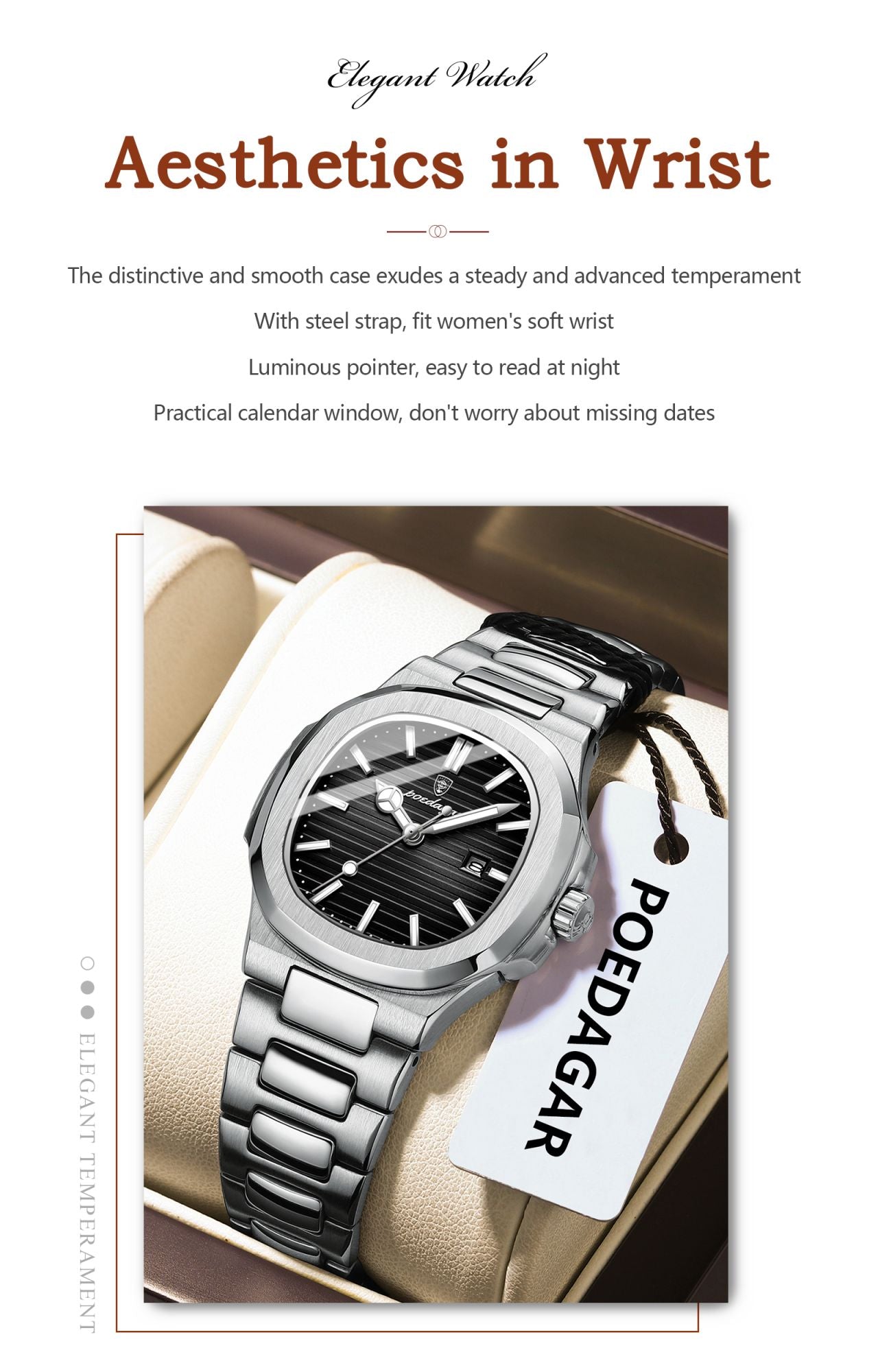 POEDAGAR Elegant Women's Quartz Watches Waterproof Luminous Date Ladies Wristwatch Stainless Steel Fashion Watch For Woman Reloj