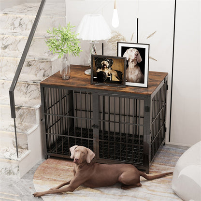Caixa de Madeira Grande para Cães, Estilo Móvel Interno, Gaiola Elevada para Cães de Estimação, Canil, Mesa de Apoio, Cercado com Treliça, 3 Portas, Bandeja Removível