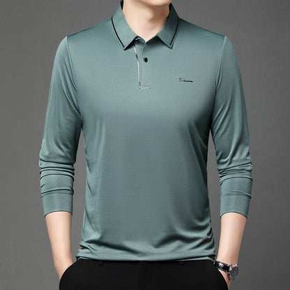 New Men's Business Casual Long Sleeved Shirt with Badge Solid Color Polo Shirt Fashionable Breathable Comfortable Versatile Top