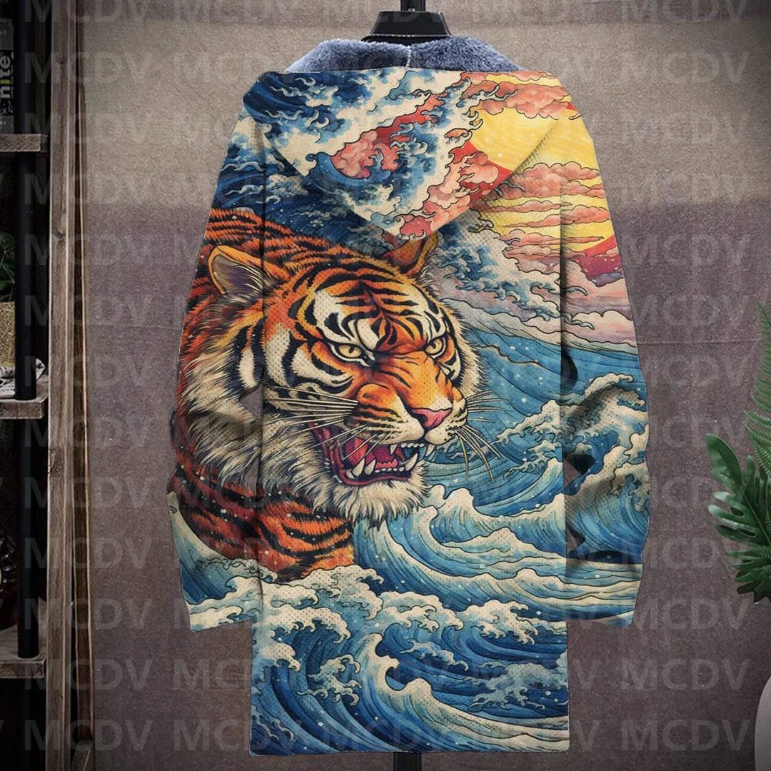 Men's Retro Print Plush Thick Long-Sleeved Coat Cardigan Tiger 3D Prined Fleece Hooded Overcoat Unisex Thick Warm Jacket