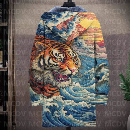 Men's Retro Print Plush Thick Long-Sleeved Coat Cardigan Tiger 3D Prined Fleece Hooded Overcoat Unisex Thick Warm Jacket