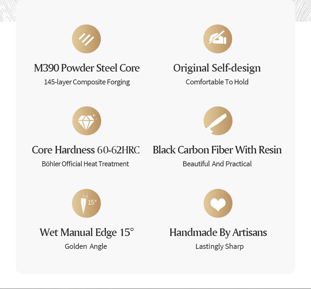 XINZUO 8.46-inch Damascus Carving Knife 145-layer M390 steel 60-62HRC carbon fiber handle 6.0-8.0N sharpness rust-resistant