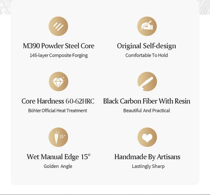 XINZUO 8.46-inch Damascus Carving Knife 145-layer M390 steel 60-62HRC carbon fiber handle 6.0-8.0N sharpness rust-resistant