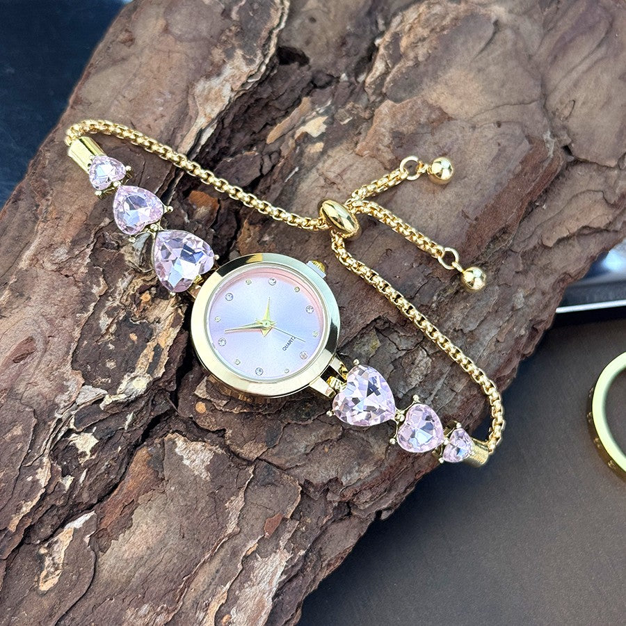 Ladies' quartz watch with three heart-shaped diamond-encrusted bracelet round alloy case and mixed scale simple light luxury