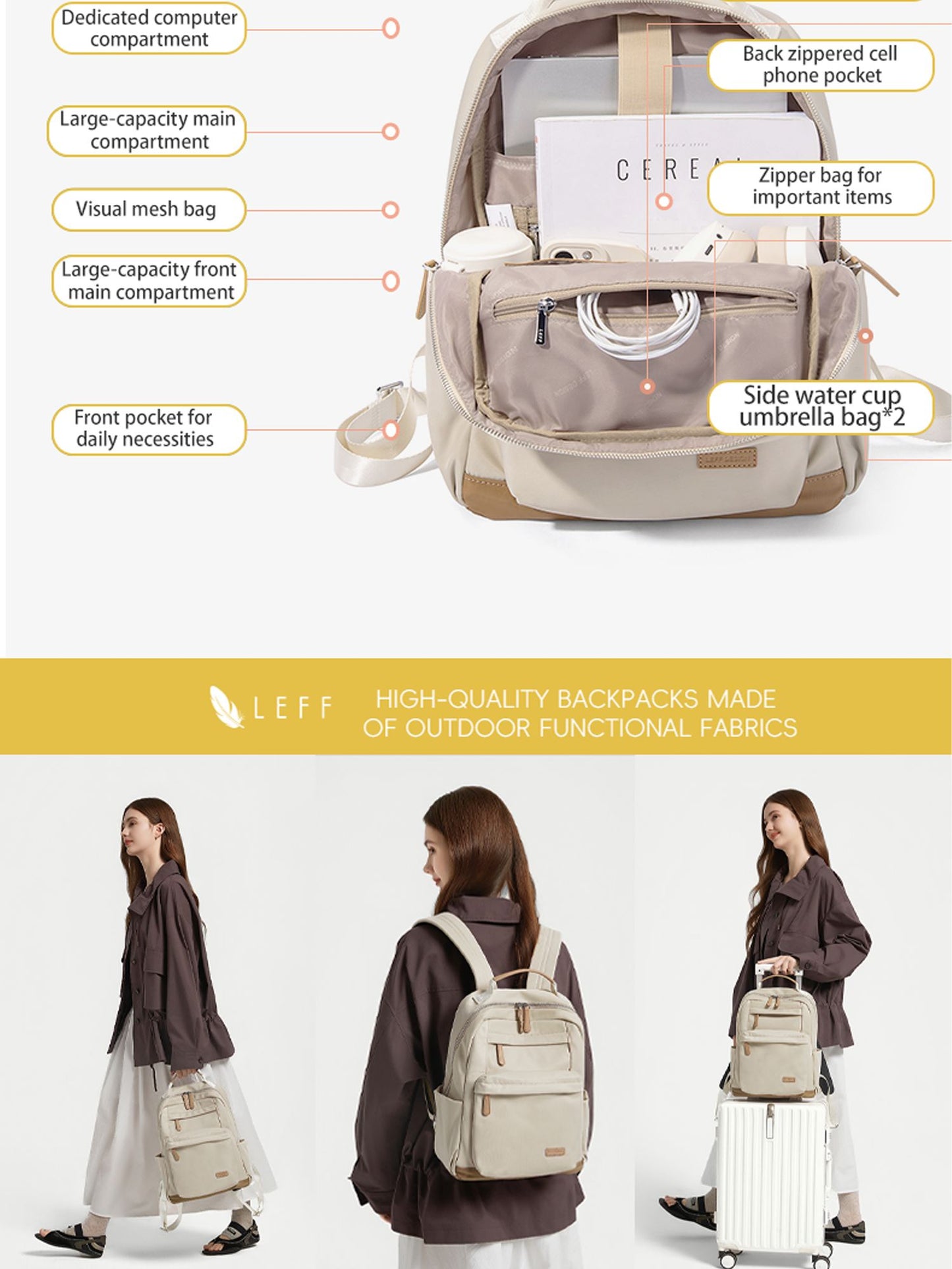 LEFF Women Backpack High Quality Large Capacity Laptop Backpacks Trendy Female Commuting Backpack Waterproof Outdoor Travel Bags