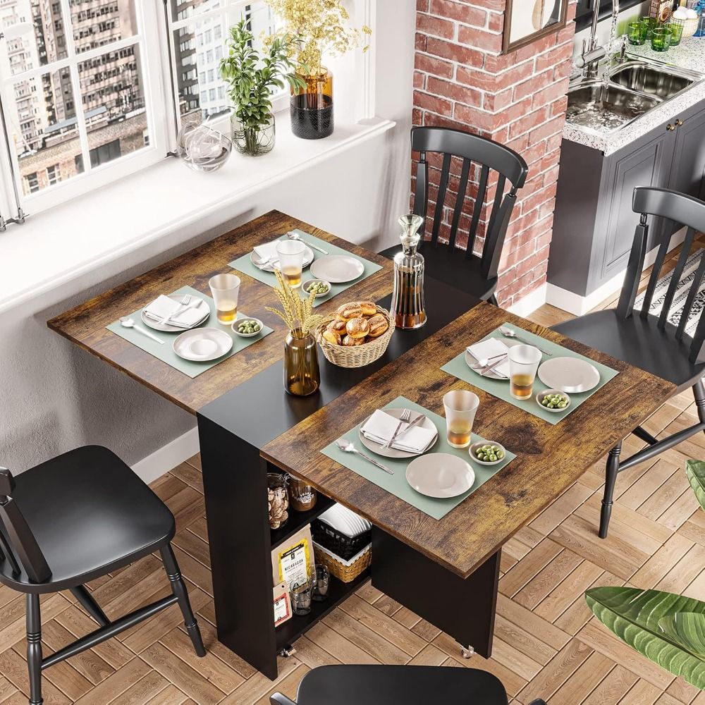 Folding Dining Table with 6 Wheels, Drop Leaf Tables for Small Spaces, Foldable Dining Table with 2-Layer Storage Rack