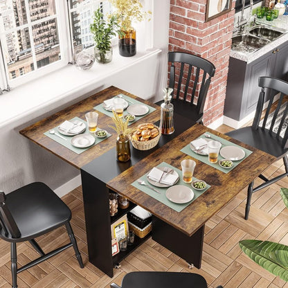 Folding Dining Table with 6 Wheels, Drop Leaf Tables for Small Spaces, Foldable Dining Table with 2-Layer Storage Rack