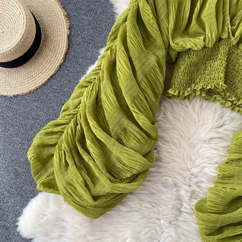 Summer Sexy Draped Chiffon Blouse For Women Elegant V-Neck Puff Long Sleeve Short Tops Female Slim Party Shirts 2022 New Fashion