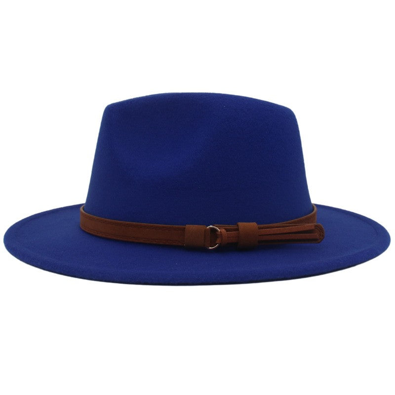 Classic Brown Belt Women Fedora Hats Autumn Winter Gentleman Jazz Felt Hat For Men Retro Church Lady Flat Wide Brim Dress Hat