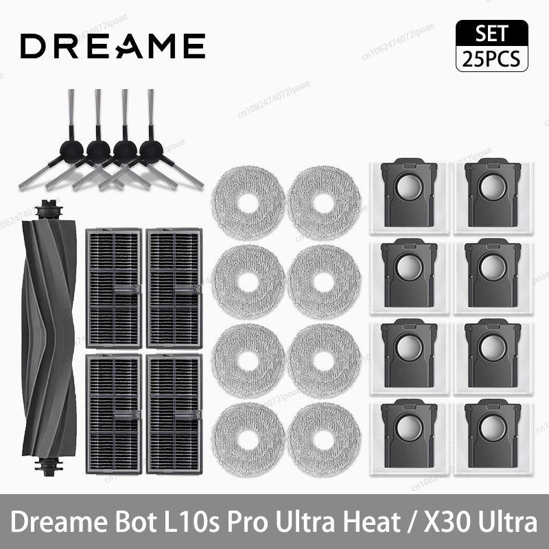 Acessórios para Robô Aspirador Dreame L10s Pro Ultra Heat / X30 Ultra: Escova Principal, Escova Lateral, Pano de Limpeza, Filtro Hepa, Saco de Pó, Peças de Reposição