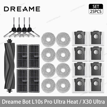 Acessórios para Robô Aspirador Dreame L10s Pro Ultra Heat / X30 Ultra: Escova Principal, Escova Lateral, Pano de Limpeza, Filtro Hepa, Saco de Pó, Peças de Reposição