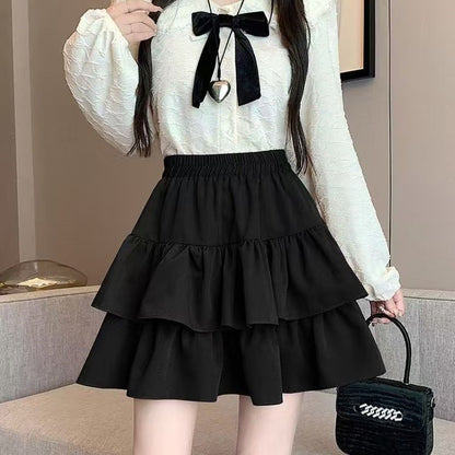 Korean Chic Y2K Sweet Girl's White Princess Mini Skirt Ballet-style Tiered Skirt Elastic High Waist Cake Skirt Shorts All-match