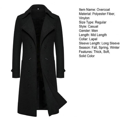 Men Overcoat Double-breasted Slim Fit Mid Length Long Sleeve Thick Windproof Warm Soft Cardigan Buttons Lapel Men Long Coat