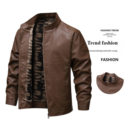 2025 New Men's autumn thin velvet leather jacket, warm and retro men's motorcycle jacket, outdoor casual PU leather jacket
