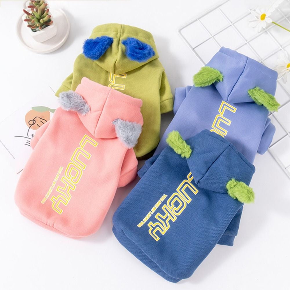 Moletom de cachorro com capuz estampado de letras, moletom de cachorro quente e confortável, roupas de cachorro de algodão/poliéster, macacão de filhote ajustável, outono