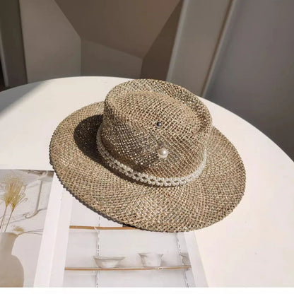 Chapéu de palha de verão alfinete de pérola chapéu de palha feminino de aba plana oco com ranhuras de verão para praia e sol sombreiro ????