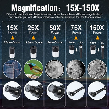 Telescópio Astronômico ALLFOCUS 150X, Telescópio Refrator Portátil de Viagem com Abertura de 70mm com Adaptador de Telefone e Controle Remoto Sem Fio