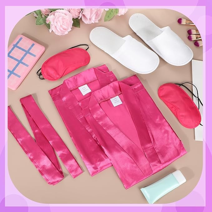 54pcs Spa Robe Sleepover Party Supplies Satin Bridesmaids Robes Includes 18 Kimono Robe Rose 18 White Hotel Spa Slippers 18 Eye