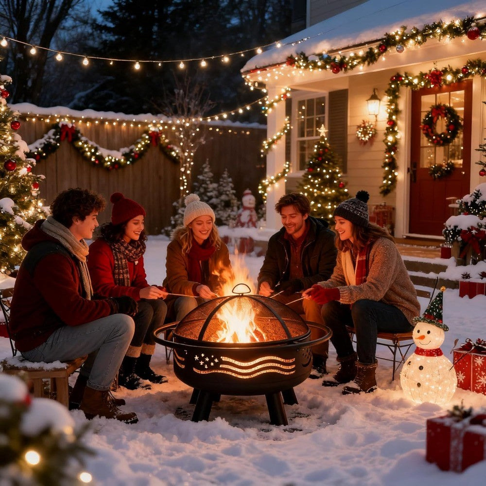 American Flag Fire Pit with Mesh Cover & Poker, Round Metal Wood Burning Outdoor Firepit for Patio, Garden, Backy