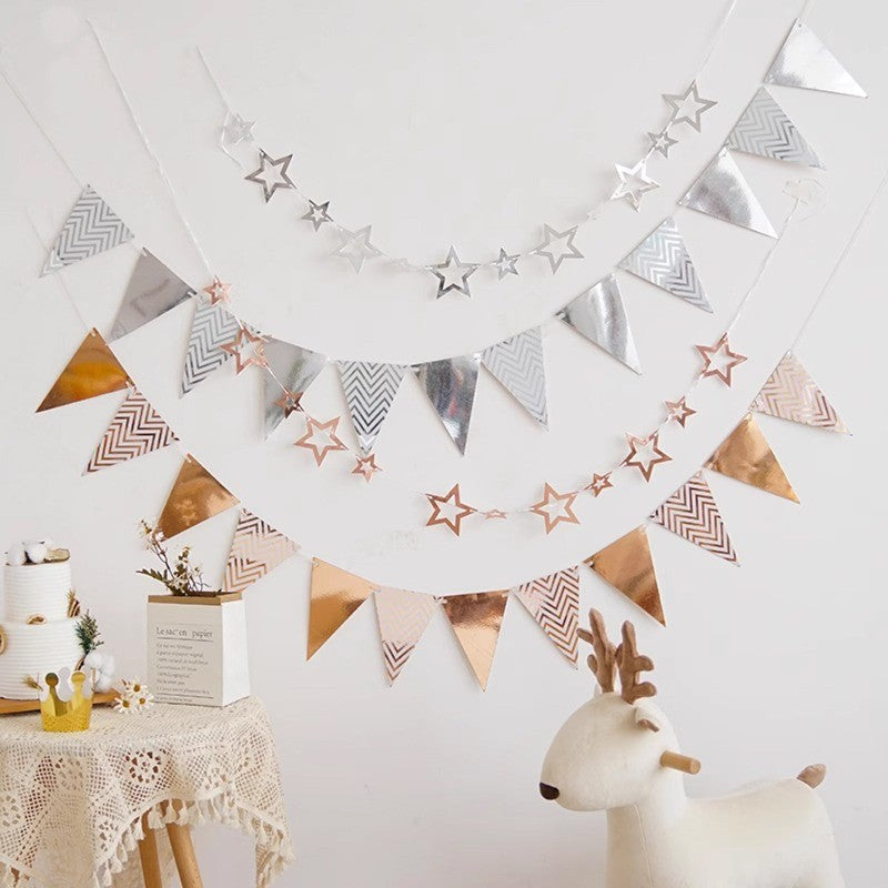 Gold Silver Paper Board Garland Banner Birthday Party Decoration Hollow Star Triangle Flag Wall Hanging Flags Photo Props Supply
