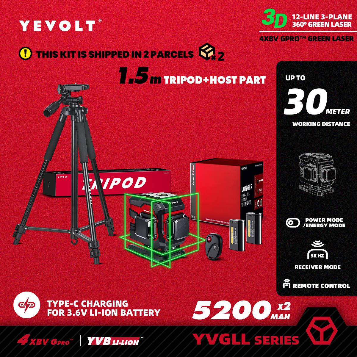 Nível a Laser Verde YEVOLT Série YVGLL4XS12T 3 Planos 12 Linhas Autonivelante 360 3D Horizontal & Vertical Ferramentas de Medição de Energia