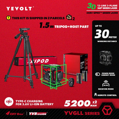 Nível a Laser Verde YEVOLT Série YVGLL4XS12T 3 Planos 12 Linhas Autonivelante 360 3D Horizontal & Vertical Ferramentas de Medição de Energia