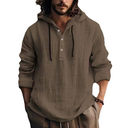 Casual Hood T Shirt Cotton Linen Flax Blouse Tee Tops Long Sleeves Men Holiday Beach Spring Solid Plain Tunic Loose Hoodie Shirt