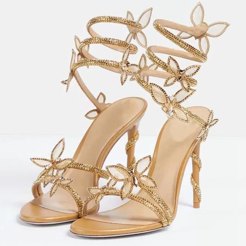 Sandália Feminina Sexy Eilyken com Flores de CRISTAL Salto Fino Alto Tiras Finas no Tornozelo Estilo de Rua Sapatos de Pole Dance