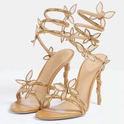 Sandália Feminina Sexy Eilyken com Flores de CRISTAL Salto Fino Alto Tiras Finas no Tornozelo Estilo de Rua Sapatos de Pole Dance