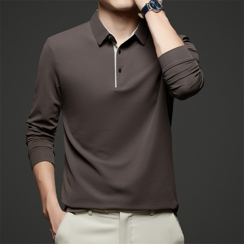 New Men's Business Casual  Long Sleeve Solid Color Polo Shirt Fashionable Warm Comfortable Four Seasons Versatile Top