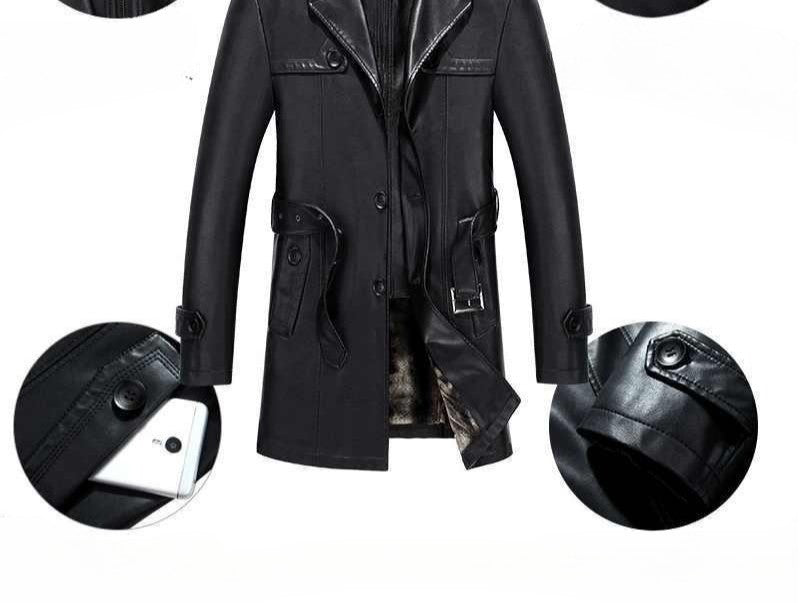 Fashion PU Leather Jacket Mid-length Fleece Thickened Windbreakers Suit Styles Large-sized Coats Overcoats Men's Slimming Trendy