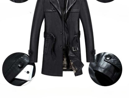 Fashion PU Leather Jacket Mid-length Fleece Thickened Windbreakers Suit Styles Large-sized Coats Overcoats Men's Slimming Trendy