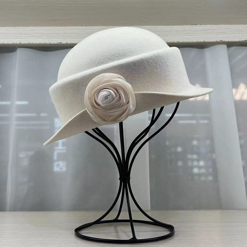 French light luxury Australian wool felt hat Hepburn style camellia flower small brim basin hat women elegant banquet top hat