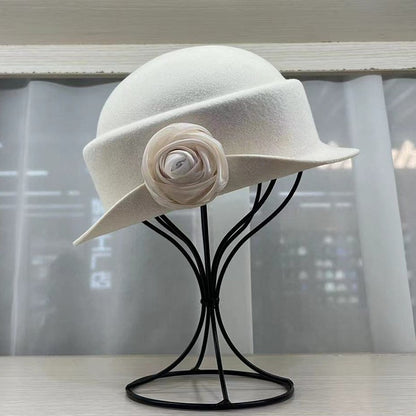 French light luxury Australian wool felt hat Hepburn style camellia flower small brim basin hat women elegant banquet top hat