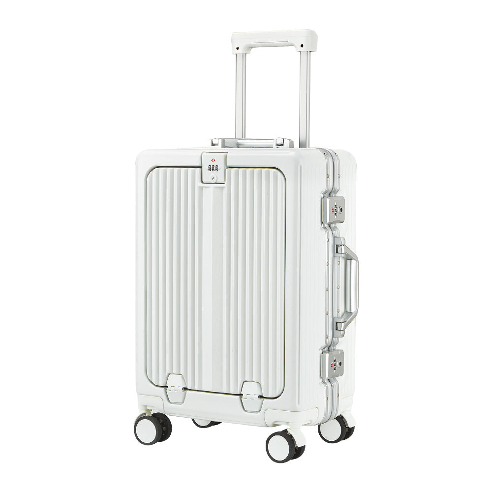 20/24 Inch Front Open Luggage Multifunctional Aluminum Frame Trolley Case with USB Cup Holder Large Boarding Box Suitcase