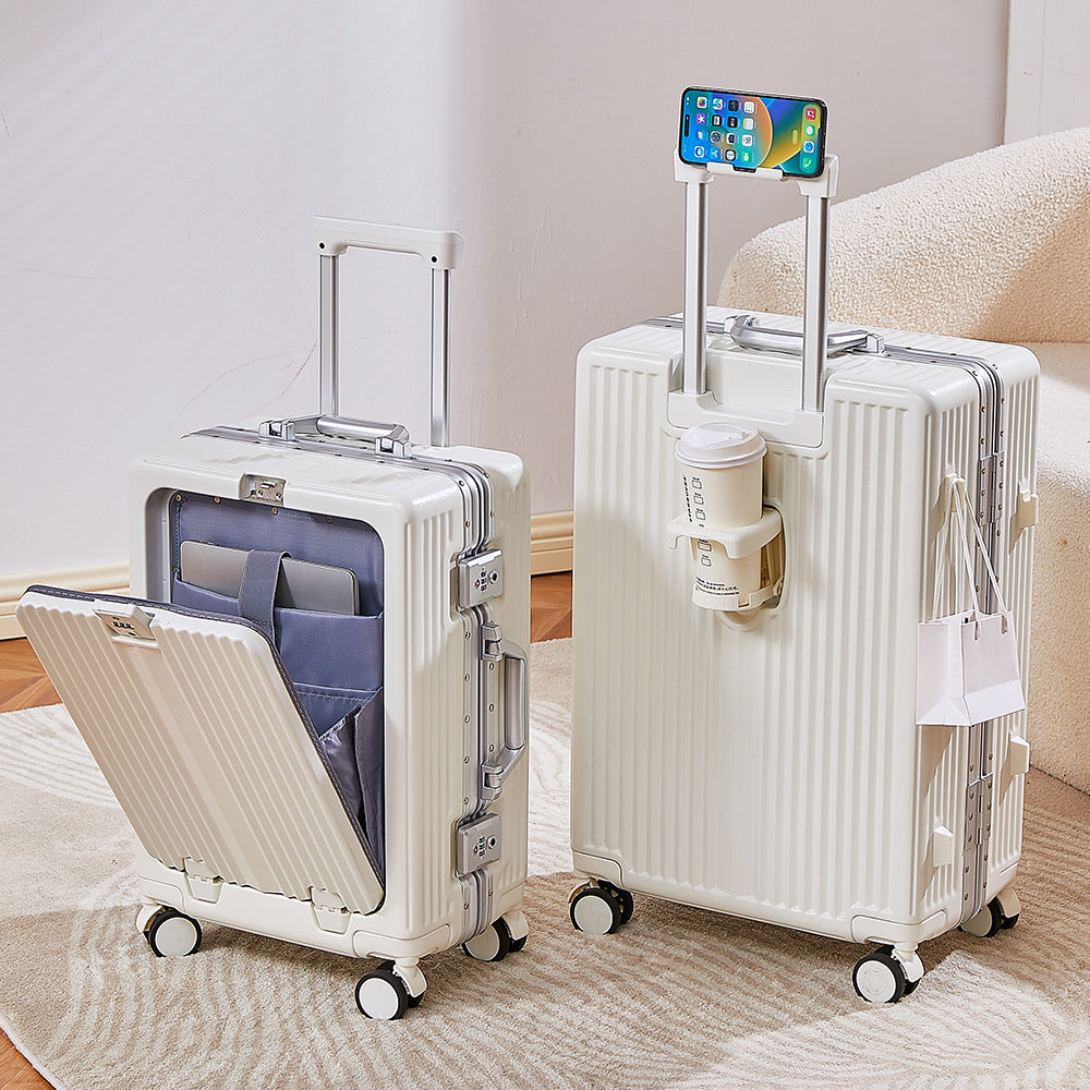 20/24 Inch Front Open Luggage Multifunctional Aluminum Frame Trolley Case with USB Cup Holder Large Boarding Box Suitcase