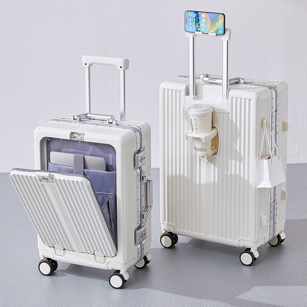 20/24 Inch Front Open Luggage Multifunctional Aluminum Frame Trolley Case with USB Cup Holder Large Boarding Box Suitcase