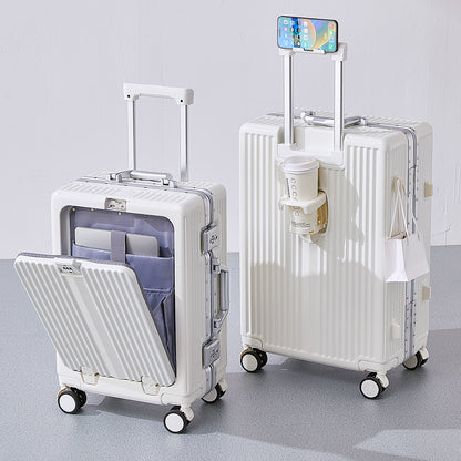 20/24 Inch Front Open Luggage Multifunctional Aluminum Frame Trolley Case with USB Cup Holder Large Boarding Box Suitcase