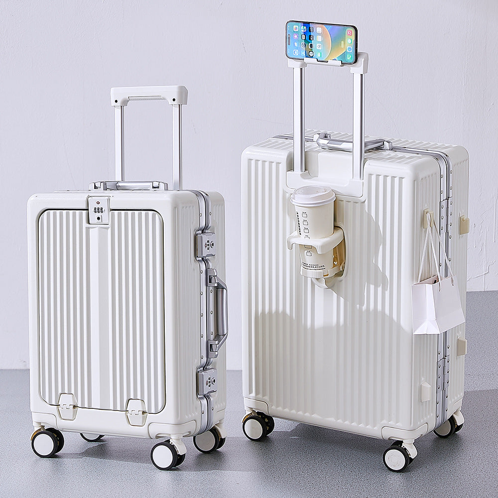 20/24 Inch Front Open Luggage Multifunctional Aluminum Frame Trolley Case with USB Cup Holder Large Boarding Box Suitcase